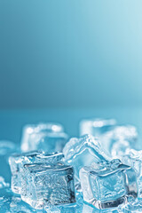 Poster - Array of crystal clear ice cubes scattered elegantly, with water droplets, against a serene blue background with a soft-focus effect
