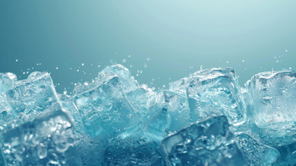 Poster - Close-up of sparkling ice cubes with water droplets on a cool blue background, giving a sense of freshness and purity