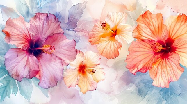 Beautiful artistic background with watercolor textured hibiscus tropical flowers