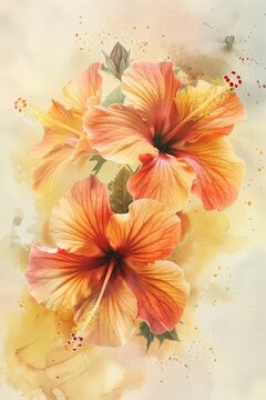 Beautiful artistic background with watercolor textured hibiscus tropical flowers