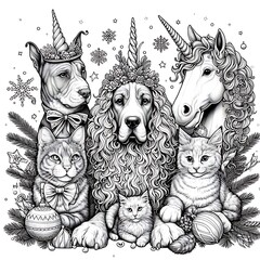 Wall Mural - Many animals include dogs, cats, unicorns with a unicorn and a cat art art photo attractive illustrator.