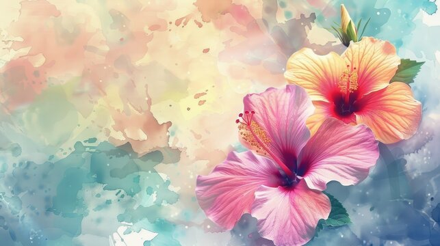 Beautiful artistic background with watercolor textured hibiscus tropical flowers