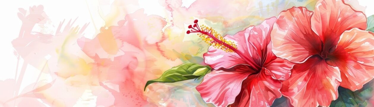 Beautiful artistic background with watercolor textured hibiscus tropical flowers