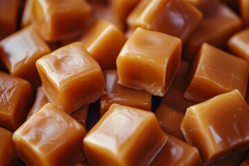 Poster - Closeup of delicious and indulgent soft caramel candy cubes, featuring a glossy, creamy texture and rich, homemade flavor