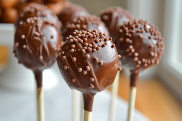 Poster - closeup view of chocolate cake pops decorated with crunchy sprinkles, standing upright