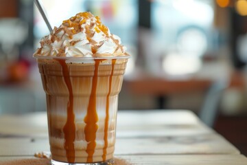 Canvas Print - Delectable iced coffee topped with whipped cream and caramel drizzle against a blurred cafe background