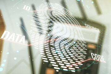 Aufkleber - Multi exposure of virtual creative fingerprint hologram on blurry calculator background, personal biometric data concept