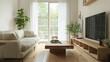 © Santy Hong - Natural wood coffee table between beige sofa and tv unit against window. Minimalist interior design of modern living room, home.