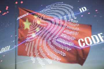 Aufkleber - Multi exposure of virtual graphic fingerprint sketch on Chinese flag and sunset sky background, fingerprint scan data concept