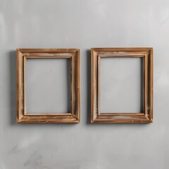 Two empty, wide, wooden frames on a light gray plain wall.