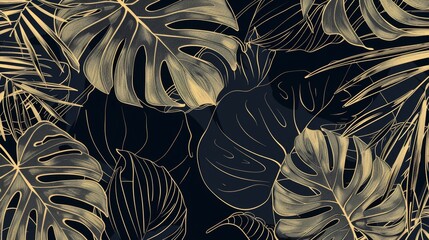  An exotic tropical modern background with a split - leaf Philodendron plant and monstera plant line art