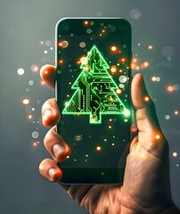 Aufkleber - futuristic holiday concept with glowing christmas tree on smartphone screen held in hand against shi