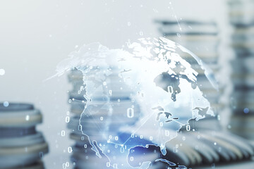 Aufkleber - Multi exposure of abstract programming language hologram and world map on growing coins stacks background, artificial intelligence and neural networks concept