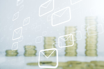 Poster - Abstract virtual postal envelopes illustration on stacks of coins background. Email and communications concept. Multiexposure