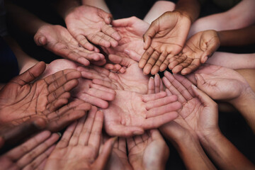 Poster - Hands, palm and group of people in poverty in closeup for support with community for together. Helping, teamwork and crowdfunding for donation with charity for hope, diversity and collaboration