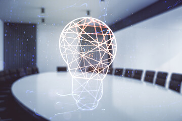 Poster - Virtual Idea concept with light bulb illustration on a modern conference room background. Multiexposure