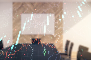 Poster - Multi exposure of virtual abstract financial chart hologram and world map on a modern meeting room background, research and analytics concept