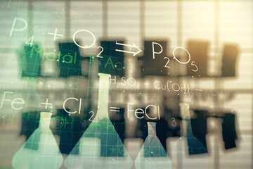 Poster - Abstract virtual chemistry illustration on a modern coworking room background, science and research concept. Multiexposure