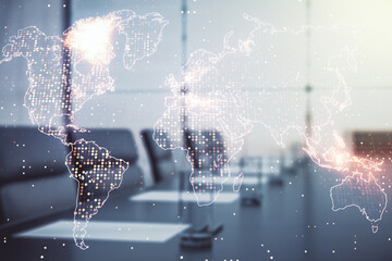 Aufkleber - Double exposure of abstract digital world map hologram on a modern boardroom background, big data and blockchain concept