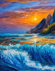 Wall Mural - Dreamlike illustration of beautiful sunset on the beach with Huge cliffs, waves and reflections	