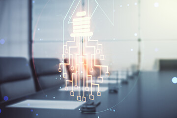Poster - Virtual creative light bulb illustration with microcircuit on a modern coworking room background, future technology concept. Multiexposure