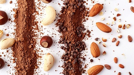 Poster - Creative layout made of chocolate walnut hazelnut almonds cacao fruit and cacao powder on the white background Flat lay Food concept : Generative AI