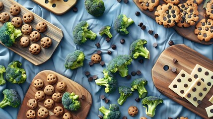 Poster - In this board game 
broccoli beats chocolate chip cookies that means healthy food is better than junk food so win this game Creative flat lay concept : Generative AI