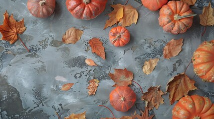 Poster - Autumn composition Pumpkins dried leaves on pastel gray background Autumn fall halloween concept Flat lay top view copy space : Generative AI