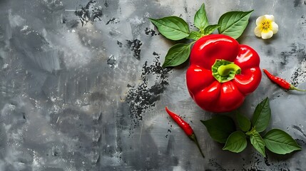 Aufkleber - Red pepper with leaf and flower color card on gray background Food healthy eating and dieting concept Fresh vegetable creative layout Flat lay top view Design element : Generative AI