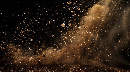 Fototapete - Dynamic Dust and Wood Chips on Black Background  Creative Design Layout with Airborne Dirt Particles for Motion Effect : Generative AI