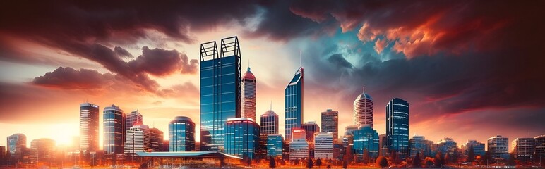 Wall Mural - Realistic illustration for western australia day with a perth skyline at sunset.
