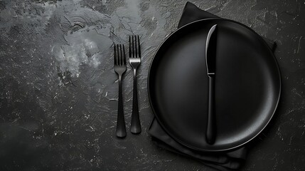 Wall Mural - black empty plate and cutlery fork and knife on a dark textured background The concept of a layout for the design of a restaurant menu website or design Vertical layout of food photos : Generative AI