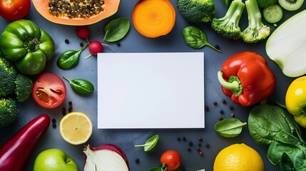 Poster - Creative layout made of various fruits and vegetables with white paper card Flat lay Food concept : Generative AI