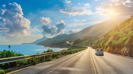 Aufkleber - Holiday travel by car drive on mountain road on the beach in summer summer vacation trip by car on highway by the sea in july Road landscape in beautiful coastal bay car driving on way : Generative AI