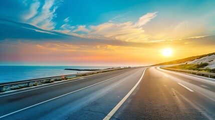 Poster - highway landscape at colorful sunset traveling on the holiday road in summer Nature scenery on ocean beach Road landscape on beach Stunning sea with summer vacation seascape with beaut : Generative AI