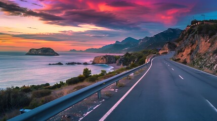 Poster - highway landscape at colorful sunset road view on mediterranean coast of spain coastal road landscape beautiful nature scenery car driving on mountain road by the sea summer vacation o : Generative AI