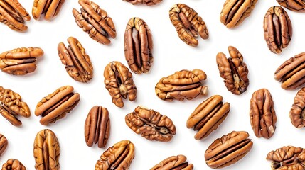 Poster - Pecans isolated on white background Nuts scattered Top view Horizontal layout  Package design element with clipping path : Generative AI