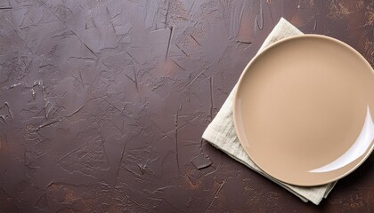 Wall Mural - empty beige plate with beige linen napkin on a dark brown background top view flat lay