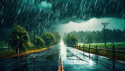 Wall Mural - beautiful scene of heavy rain on road generated by ai tool