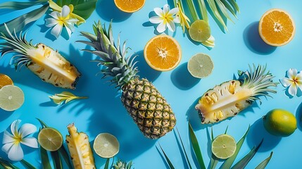 Poster - Creative layout made of pineapple banana orange fruit lime and flowers on blue background  Tropical flat lay Summer fruits concept : Generative AI
