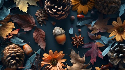 Poster - Autumn composition Autumn flowers and leaves acorn pine cone anise star Flat lay top view copy space : Generative AI