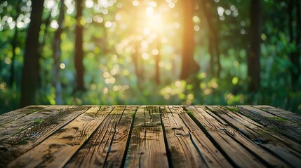 Aufkleber - Wooden table top on blur green forestFresh and Relax or health care conceptperspective viewFor montage product display or design key visual layoutView of copy space : Generative AI