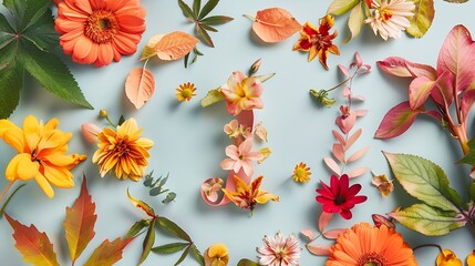 Wall Mural - Layout with colorful flowers leaves and number one Flat lay Top view : Generative AI