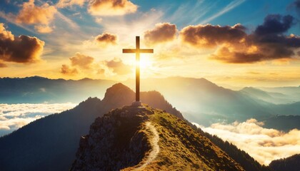 holy cross on top of mountain at sunset or sunrise symbolizing the death and resurrection of jesus christ hill is shrouded in light and clouds horizontal background religion christianism concept