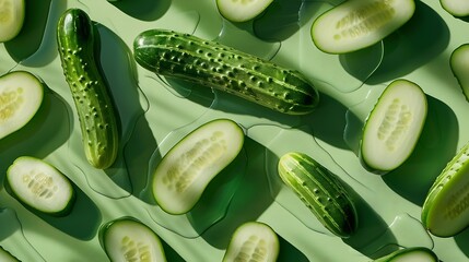 Poster - Creative layout made of cucumber on the green background Flat lay Food concept : Generative AI
