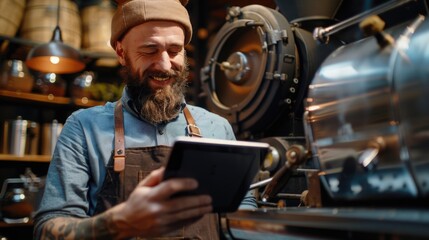 Poster - Man with a beard looking at a tablet, suitable for technology concepts