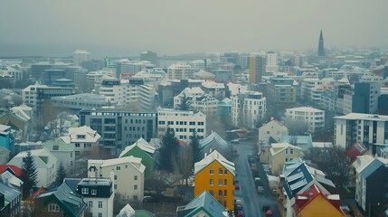 Wall Mural - Elevated view of Reykjavik Iceland showcasing the colorful buildings varied architecture and urban layout under a hazy sky : Generative AI