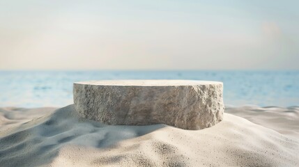 Aufkleber - Stone pedestal in sand and sea landscape Free space for your decoration : Generative AI