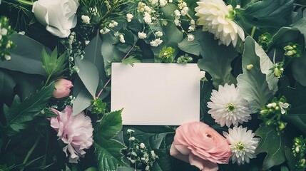 Aufkleber - Creative layout made of flowers and leaves with paper card note Flat lay Nature concept : Generative AI