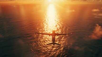Poster - Airplane flying above tropical sea at sunset : Generative AI